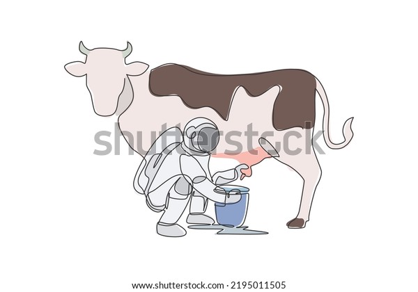 One continuous line drawing of spaceman\
astronaut squat down milking cow and put into milk can bucket in\
moon surface. Deep space farming astronaut concept. Single line\
draw design vector\
illustration