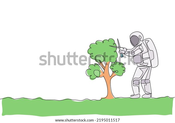 One continuous line drawing of spaceman\
cutting tree leaf using gardening scissor in moon surface. Deep\
space gardening astronaut concept. Dynamic single line draw design\
graphic vector\
illustration
