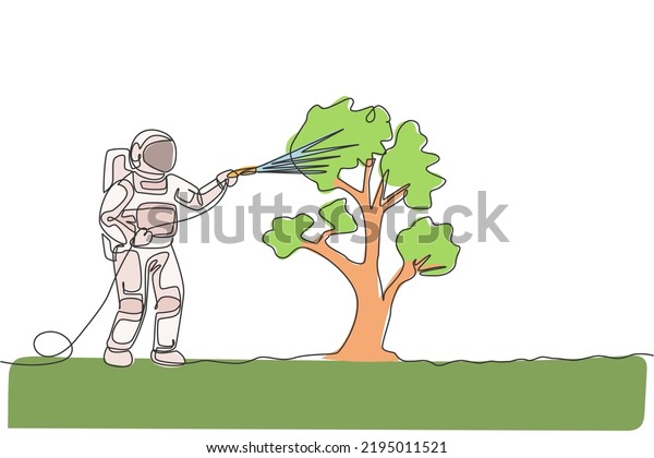 One continuous line drawing of spaceman\
watering plant tree using metal plastic hose in moon surface. Deep\
space farming astronaut concept. Dynamic single line draw design\
vector graphic\
illustration