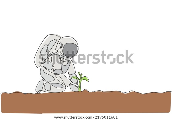 One continuous line drawing of spaceman\
planting new species tree seed carefully in moon surface. Deep\
space farming astronaut concept. Dynamic single line draw design\
vector graphic\
illustration
