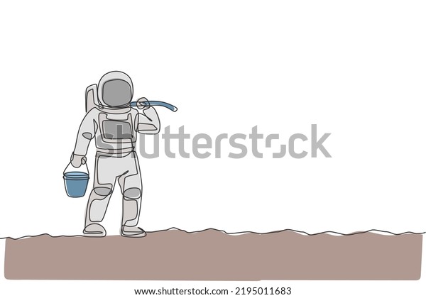 One continuous line drawing of spaceman\
carrying bucket and hoe on shoulder while walking in moon surface.\
Deep space farming astronaut concept. Dynamic single line draw\
design vector illustration