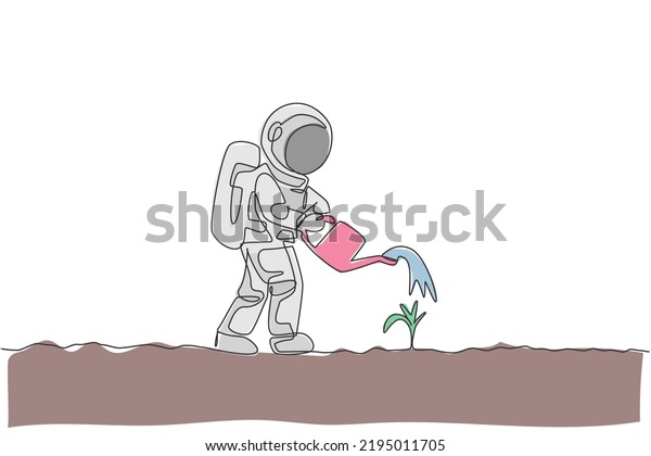 One continuous line drawing of spaceman\
watering plant tree using metal watering can in moon surface. Deep\
space farming astronaut concept. Dynamic single line draw graphic\
design vector illustration