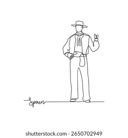 One continuous line drawing of Spain signature themes design vector illustration. Spain national clothes in simple linear style vector design concept. Good design for tourism and travel campaign.