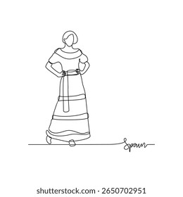 Um desenho de linha contínua de Espanha assinatura temas design vetor ilustração. Espanha roupas nacionais em estilo linear simples vetor design conceito. Bom design para turismo e campanha de viagens.