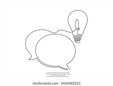 One continuous line drawing of speech bubble with light bulb. Creative idea and help dialogue frame concept in simple linear style. Brainstorm and info message symbol.
