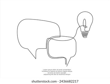 Un dibujo de línea continua de burbuja de habla con bombilla. Idea creativa y ayuda a dialogar el concepto de marco en un estilo lineal simple. Tormenta de ideas y símbolo de mensaje de información.