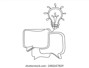 One continuous line drawing of speech bubble with light bulb. Creative idea and help dialogue frame concept in simple linear style. Brainstorm and info message symbol.