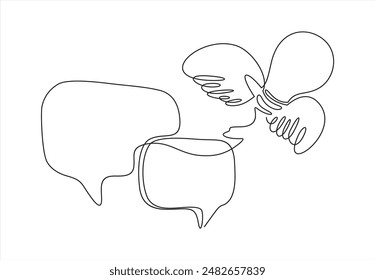Un dibujo de línea continua de burbuja de habla con bombilla. Idea creativa y ayuda a dialogar el concepto de marco en un estilo lineal simple. Tormenta de ideas y símbolo de mensaje de información.