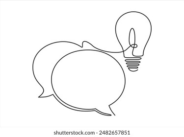 One continuous line drawing of speech bubble with light bulb. Creative idea and help dialogue frame concept in simple linear style. Brainstorm and info message symbol.