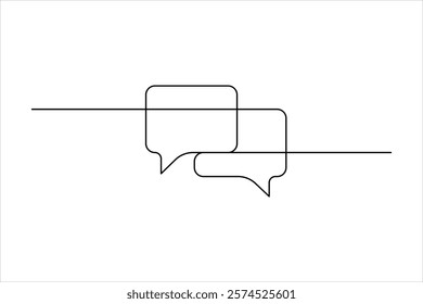 One continuous line drawing of speech bubble square shaped chat cloud and thought dialogue design