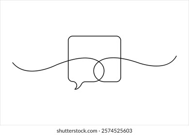 One continuous line drawing of speech bubble square shaped chat cloud and thought dialogue design