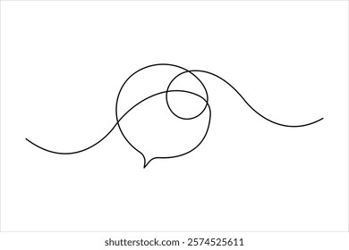One continuous line drawing of speech bubble square shaped chat cloud and thought dialogue design