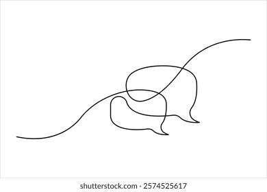 One continuous line drawing of speech bubble square shaped chat cloud and thought dialogue design