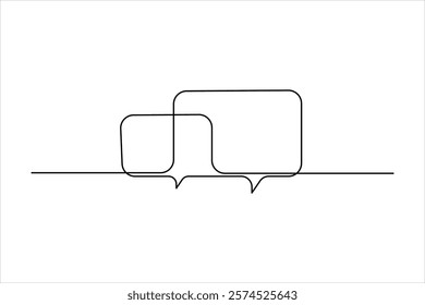 One continuous line drawing of speech bubble square shaped chat cloud and thought dialogue design