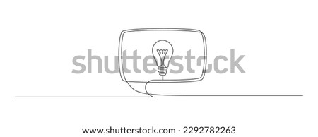One continuous line drawing of speech bubble with light bulb. Creative idea and help dialogue frame concept in simple linear style. Brainstorm and info message symbol. Doodle vector illustration