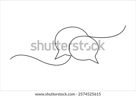 One continuous line drawing of speech bubble square shaped chat cloud and thought dialogue design