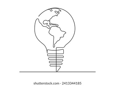 Un dibujo de línea continua del mundo de la esfera dentro de la bombilla de luz brillante. Ilustración vectorial. Vector libre.