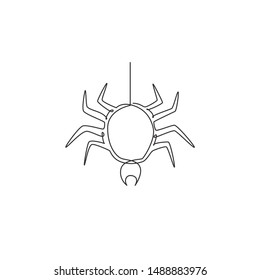 One continuous line drawing of spider pull out the web for business logo identity. Cute insect animal concept for pet lover icon. Trendy single line draw design vector graphic illustration