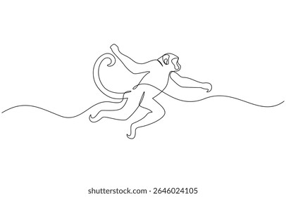 One continuous line drawing of Spider Monkey vector illustration, Elegant galada monkey illustration in continuous line drawing. Monkey single line art vector illustration. Editable vector