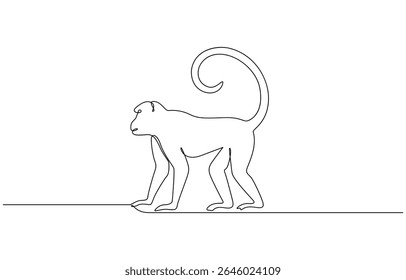 One continuous line drawing of Spider Monkey vector illustration, Elegant galada monkey illustration in continuous line drawing. Monkey single line art vector illustration. Editable vector
