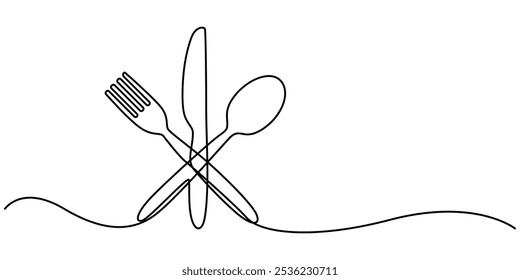 Um desenho de linha contínua de colher, faca e ilustração de vetor de garfo. Vetor livre, Silverware ícone de linha contínua, ilustração do vetor do ícone do talheres desenhados à mão, talheres - ícone de cozinha único