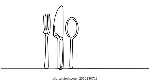 Um desenho de linha contínua de colher, faca e ilustração de vetor de garfo. Vetor livre, Silverware ícone de linha contínua, ilustração do vetor do ícone do talheres desenhados à mão, talheres - ícone de cozinha único