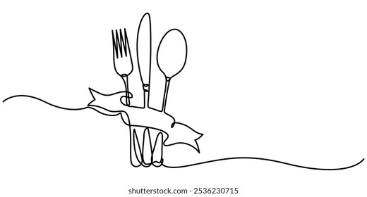 Um desenho de linha contínua de colher, faca e ilustração de vetor de garfo. Vetor livre, Silverware ícone de linha contínua, ilustração do vetor do ícone do talheres desenhados à mão, talheres - ícone de cozinha único