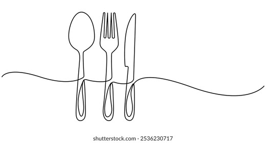 Um desenho de linha contínua de colher, faca e ilustração de vetor de garfo. Vetor livre, Silverware ícone de linha contínua, ilustração do vetor do ícone do talheres desenhados à mão, talheres - ícone de cozinha único