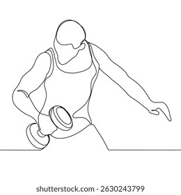 Un dibujo de línea continua del entrenamiento del hombre deportivo en el centro del club de gimnasio deportivo. Concepto de estiramiento de entrenamiento de fitness. Ilustración vectorial de diseño de dibujo de línea única.