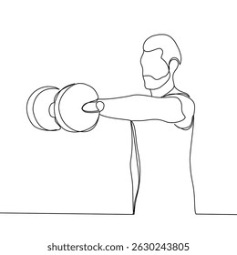 Un dibujo de línea continua del entrenamiento del hombre deportivo en el centro del club de gimnasio deportivo. Concepto de estiramiento de entrenamiento de fitness. Ilustración vectorial de diseño de dibujo de línea única.