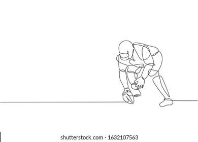 One continuous line drawing of sporty american football player stance to pass the ball to his team for competition poster. Sport teamwork concept. Dynamic single line draw design vector illustration 