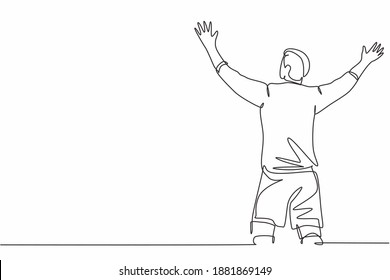 One continuous line drawing of sporty young soccer player spreading his arms and screaming loudly on the field. Match goal scoring celebration concept single line draw design vector illustration
