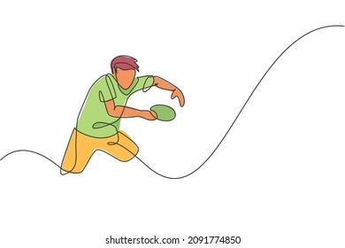 Un jugador de tenis de mesa de un deportista de dibujo continuo recibe una pelota rival. Concepto deportivo competitivo. Dibujo de una sola línea gráfico ilustración vectorial para el afiche del campeonato de ping pong