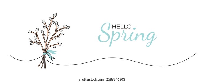 One continuous line drawing of spring willow branch. Hello Spring, Easter Sunday. Editable stroke, vector illustration