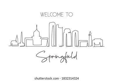 One continuous line drawing Springfield city skyline, Illinois. Beautiful landmark art. World landscape tourism travel home wall decor poster print. Stylish single line draw design vector illustration