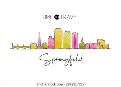 One continuous line drawing Springfield city skyline, Massachusetts. Beautiful landmark. World landscape tourism travel wall decor poster print art. Stylish single line draw design vector illustration