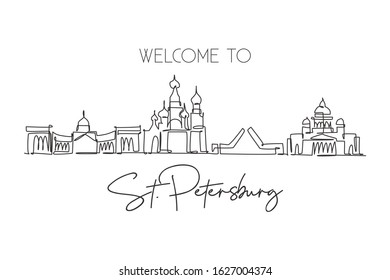 One continuous line drawing of St. Petersburg city skyline, Russia. Beautiful landmark. World landscape tourism and travel vacation. Editable stylish stroke single line draw design vector illustration