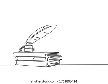 One continuous line drawing of stack of books, ink and quill pen on the office desk. Vintage writing equipment concept single line draw design vector illustration