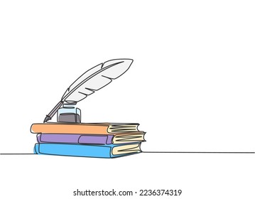 One continuous line drawing of stack of books, ink and quill pen on the office desk. Vintage writing equipment concept single line draw design vector illustration