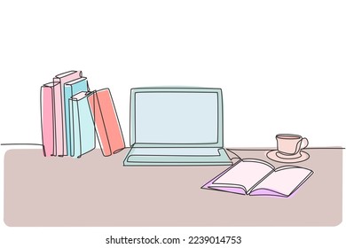One continuous line drawing stack books line up and computer laptop  book   cup coffee  Study space desk concept  Single line draw design vector illustration