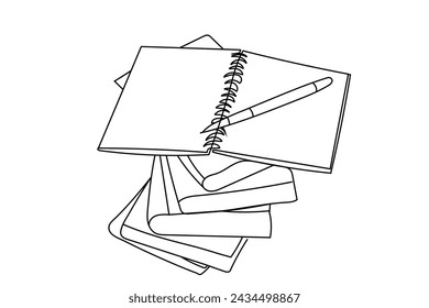One continuous line drawing of stack books and opened notebook with pages and pen. Education in school and library studying in simple linear style. Editable stroke. Doodle vector illustration