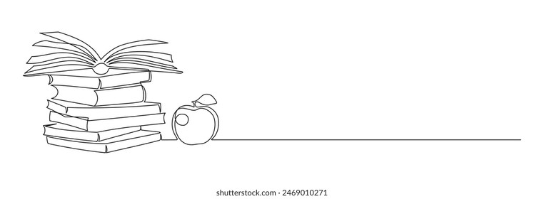 One continuous line drawing of stack books and opened notebook with pages. School library symbol in simple linear style. Reading and writing concept in editable stroke. Outline vector illustration