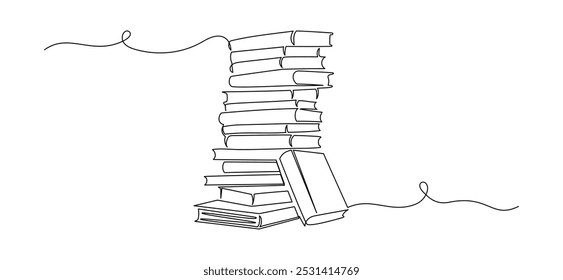 One continuous line drawing of stack books. Education in school and library studying in simple linear style.Writing draft business in Editable stroke. Doodle monoline vector illustration