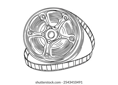 One continuous line drawing stack of retro old classic movies video tape reel. Vintage film frame concept of film strip element one line. vector illustration
