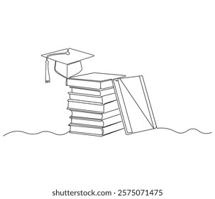 One continuous line drawing of stack of book with graduation cap. Concept vector art for university or college. Editable stroke. Doodle line illustration