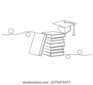 One continuous line drawing of stack of book with graduation cap. Concept vector art for university or college. Editable stroke. Doodle line illustration