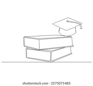 One continuous line drawing of stack of book with graduation cap. Concept vector art for university or college. Editable stroke. Doodle line illustration