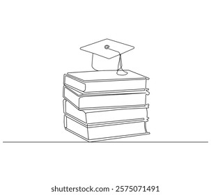 One continuous line drawing of stack of book with graduation cap. Concept vector art for university or college. Editable stroke. Doodle line illustration