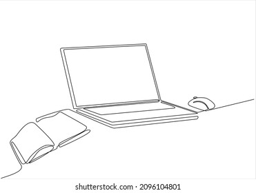 
One continuous line drawing of stacks of books lined up with computer laptop, books