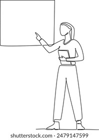 One continuous line drawing of a staff member is explaining a business concept in front of other employees. Business training concept. Trendy single line draw
